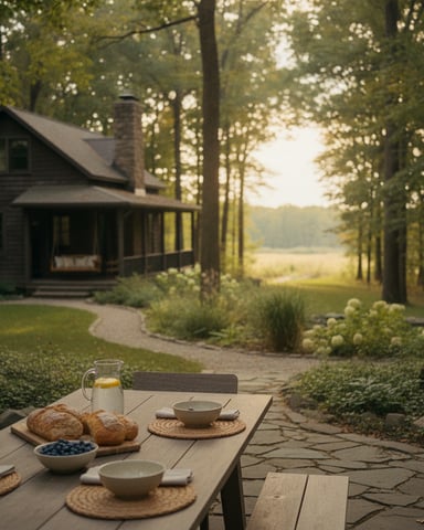 Outdoor dining table with bread and berries, cabin with porch visible through tree-lined path and meadow beyond