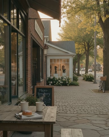 Micro-brewery storefront on tree-lined brick street with outdoor seating and pastry, autumn foliage