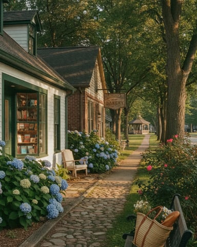 Tree-lined village street with white cottage, blue hydrangeas, bakery sign, and gazebo in distance